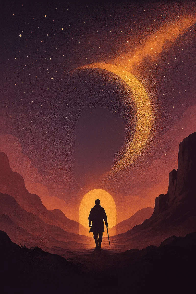 Figura che cammina verso una luce in un paesaggio simbolico.